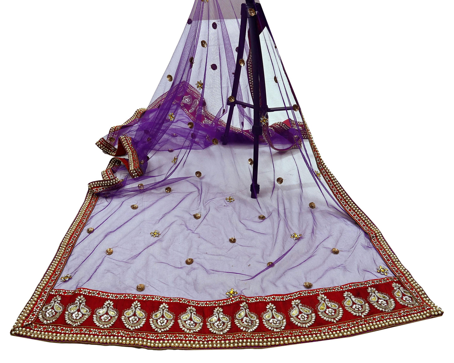 Indian Vintage Heavy Wedding Purple Dupatta Net Mesh Long Stole Hand Embroidered Scarves Golden Zardozi Dabka Zari Stole