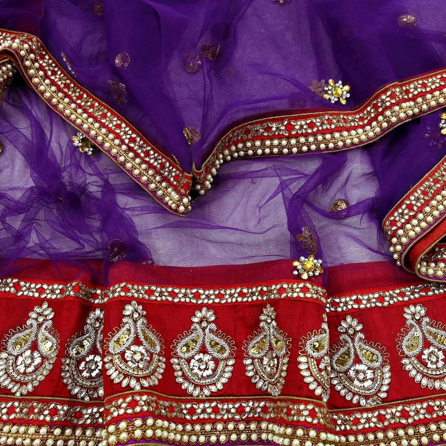 Indian Vintage Heavy Wedding Purple Dupatta Net Mesh Long Stole Hand Embroidered Scarves Golden Zardozi Dabka Zari Stole