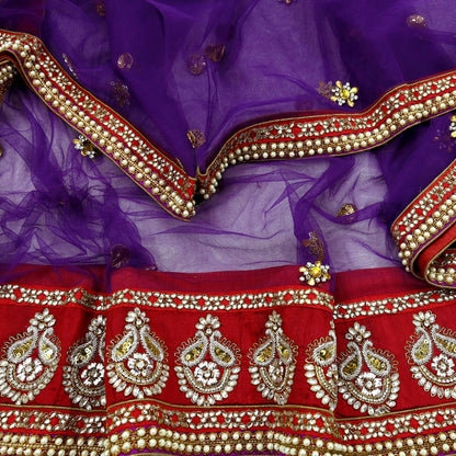 Indian Vintage Heavy Wedding Purple Dupatta Net Mesh Long Stole Hand Embroidered Scarves Golden Zardozi Dabka Zari Stole