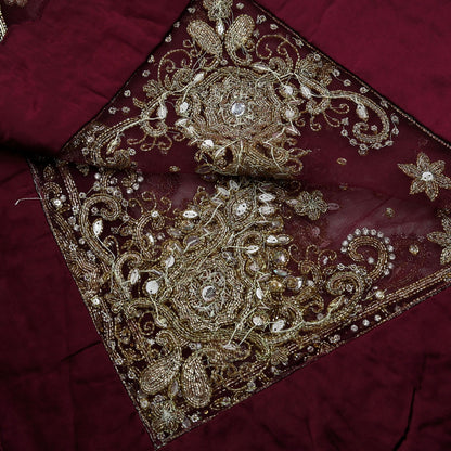Indian Vintage Heavy Wedding Maroon Dupatta Net Mesh Long Stole Hand Embroidered Scarves Golden Zardozi Zari Sequins Dridal Veil Hijab