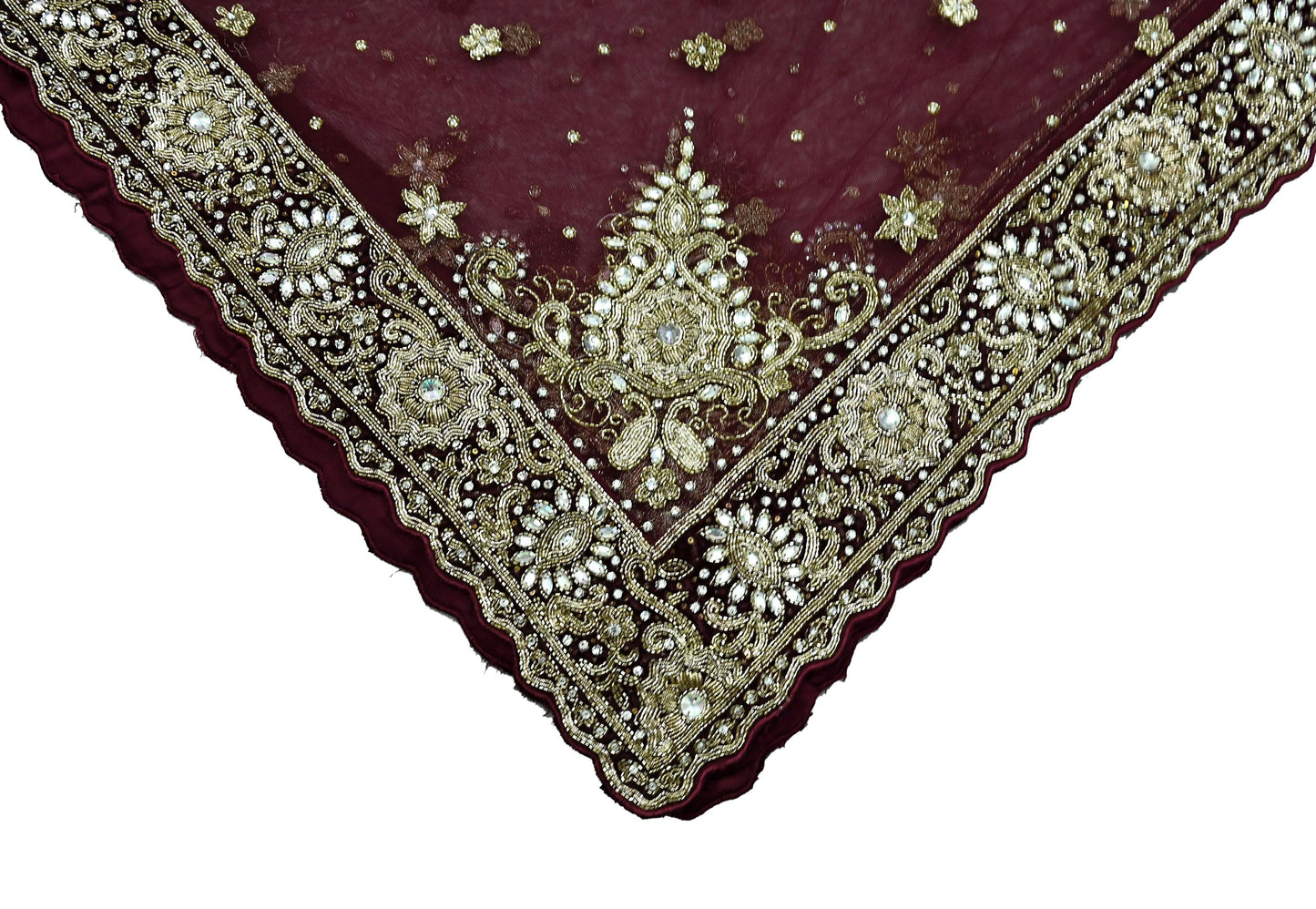 Indian Vintage Heavy Wedding Maroon Dupatta Net Mesh Long Stole Hand Embroidered Scarves Golden Zardozi Zari Sequins Dridal Veil Hijab