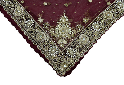 Indian Vintage Heavy Wedding Maroon Dupatta Net Mesh Long Stole Hand Embroidered Scarves Golden Zardozi Zari Sequins Dridal Veil Hijab