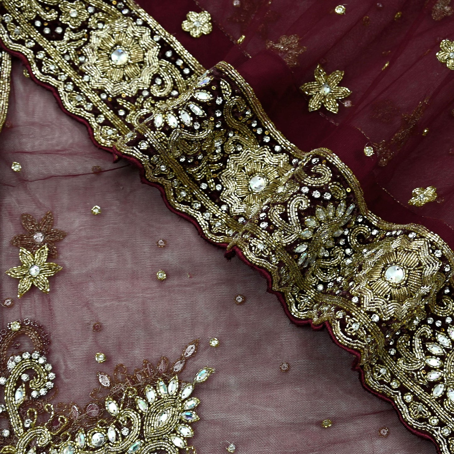 Indian Vintage Heavy Wedding Maroon Dupatta Net Mesh Long Stole Hand Embroidered Scarves Golden Zardozi Zari Sequins Dridal Veil Hijab