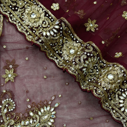 Indian Vintage Heavy Wedding Maroon Dupatta Net Mesh Long Stole Hand Embroidered Scarves Golden Zardozi Zari Sequins Dridal Veil Hijab