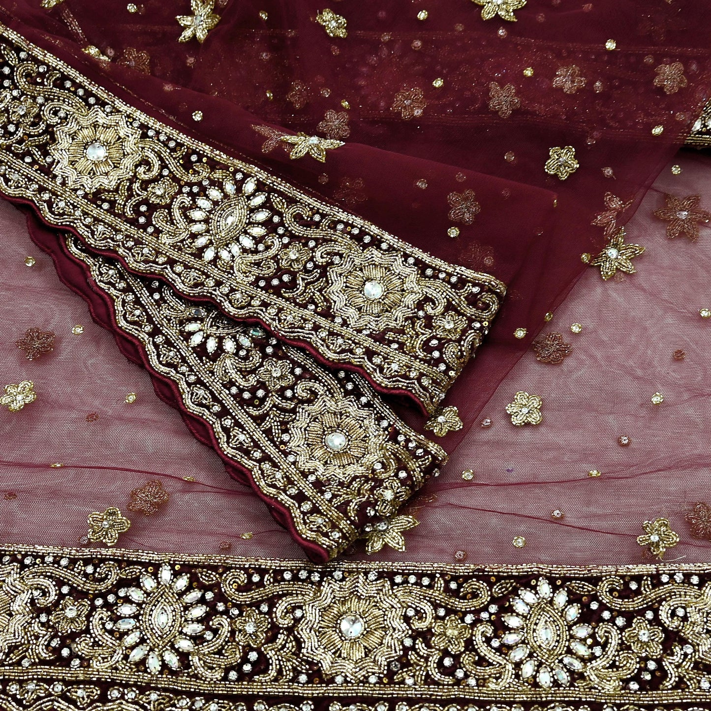 Indian Vintage Heavy Wedding Maroon Dupatta Net Mesh Long Stole Hand Embroidered Scarves Golden Zardozi Zari Sequins Dridal Veil Hijab