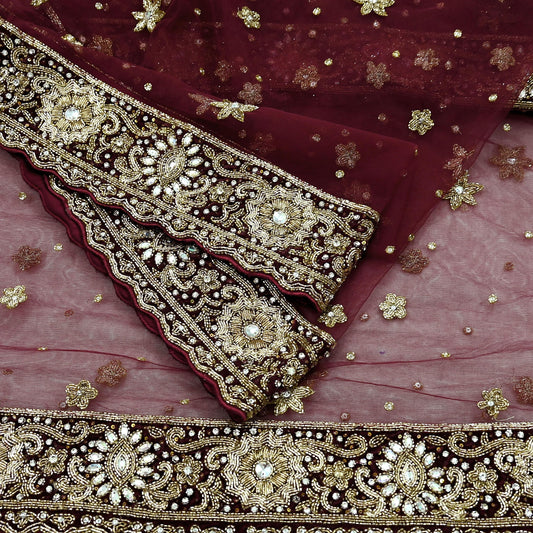 Indian Vintage Heavy Wedding Maroon Dupatta Net Mesh Long Stole Hand Embroidered Scarves Golden Zardozi Zari Sequins Dridal Veil Hijab