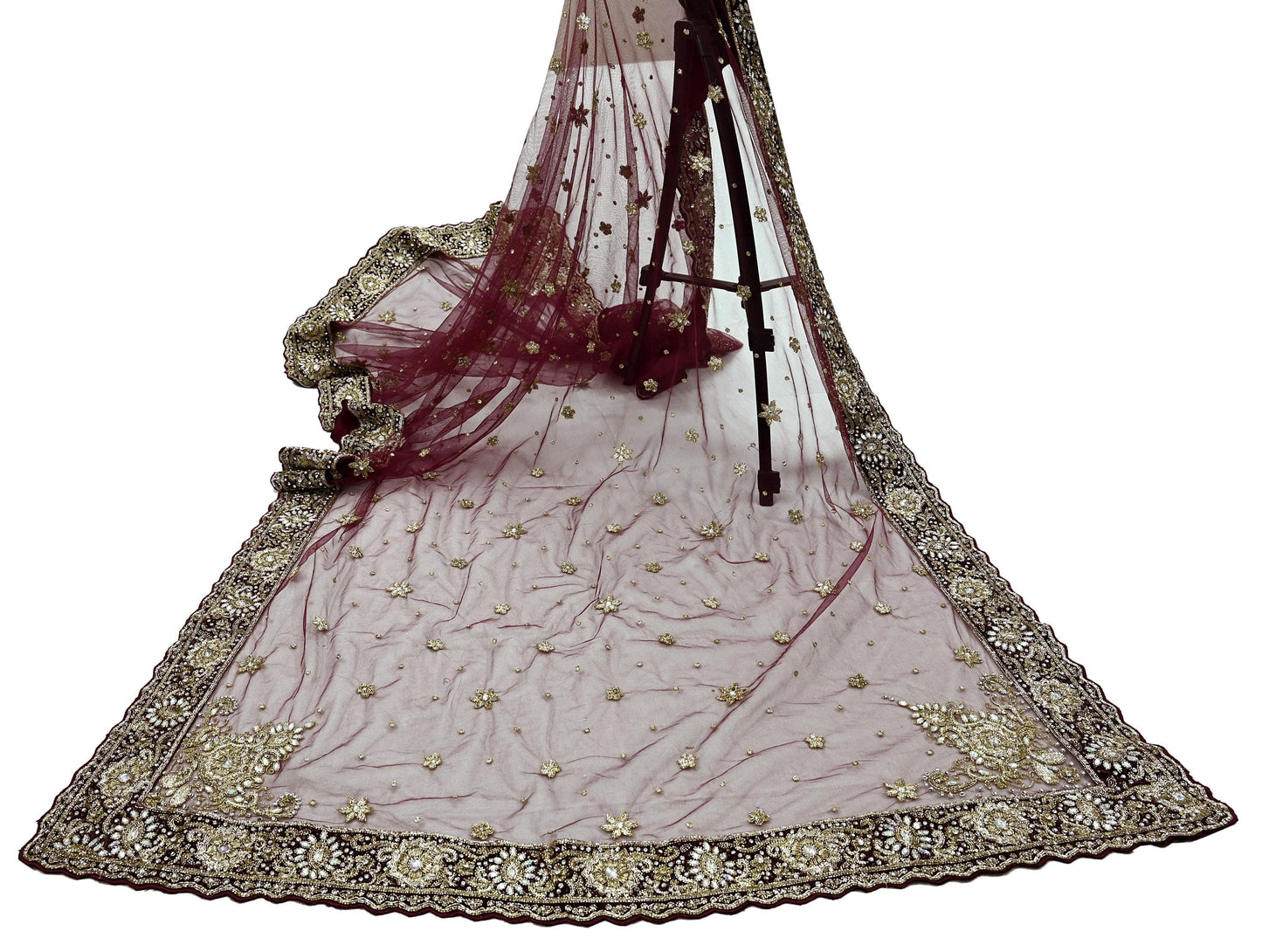 Indian Vintage Heavy Wedding Maroon Dupatta Net Mesh Long Stole Hand Embroidered Scarves Golden Zardozi Zari Sequins Dridal Veil Hijab