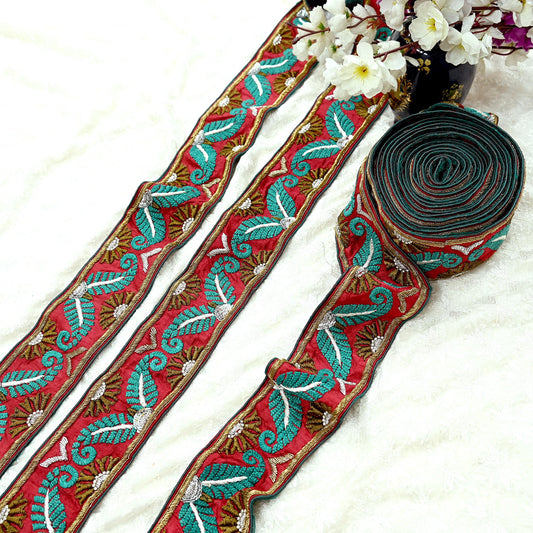 Indian Vintage Border Red Hand Embroidered Chikankai 1Yd Craft Trim Lace Sewing Sari Ribbon Zardozi/Dabka Zari Decor Gift Wrapped