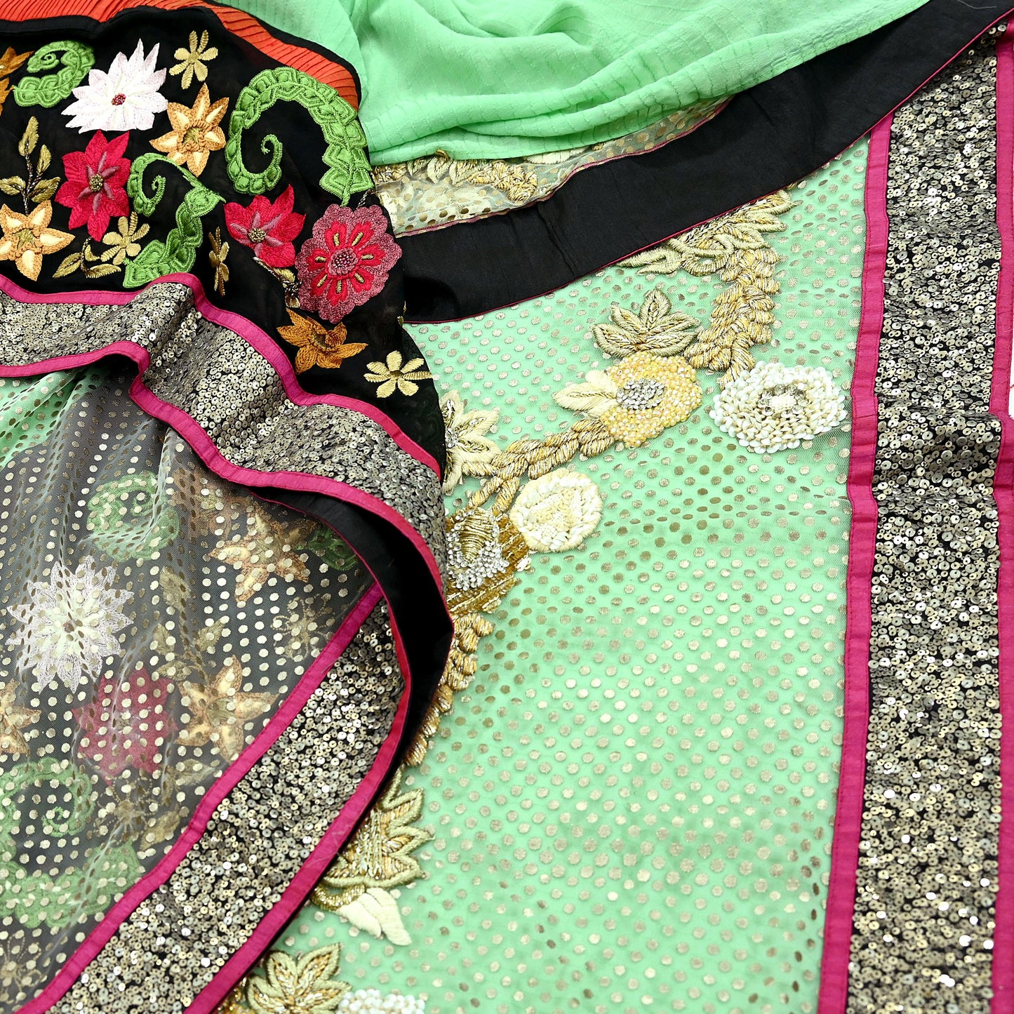 Indian Vintage Sari Pure Georgette Silk/Net Hand Beaded Sarees Fabric 6Yd Sewing Ethnic Dress making Quilting Bollywood