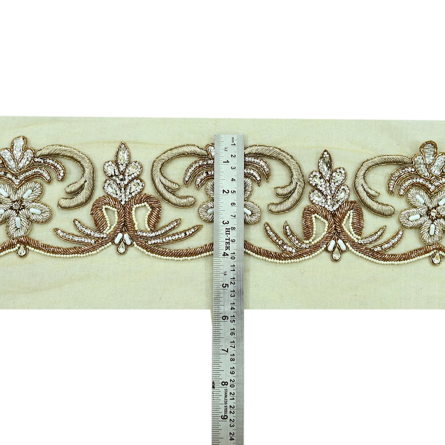 Indian Vintage Beige Sari Border Hand Embroidered 1yd Craft Trim Lace Sewing Net/Mess Ribbon Recycled Sari Border Zardozi/ Dabka Zari