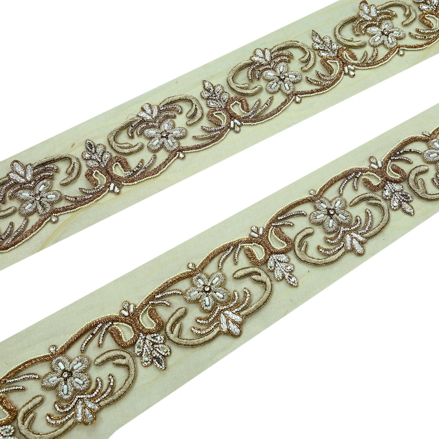 Indian Vintage Beige Sari Border Hand Embroidered 1yd Craft Trim Lace Sewing Net/Mess Ribbon Recycled Sari Border Zardozi/ Dabka Zari