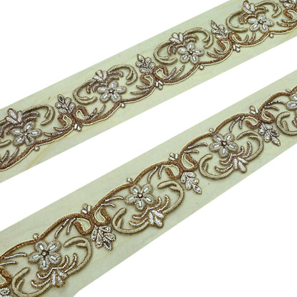 Indian Vintage Beige Sari Border Hand Embroidered 1yd Craft Trim Lace Sewing Net/Mess Ribbon Recycled Sari Border Zardozi/ Dabka Zari