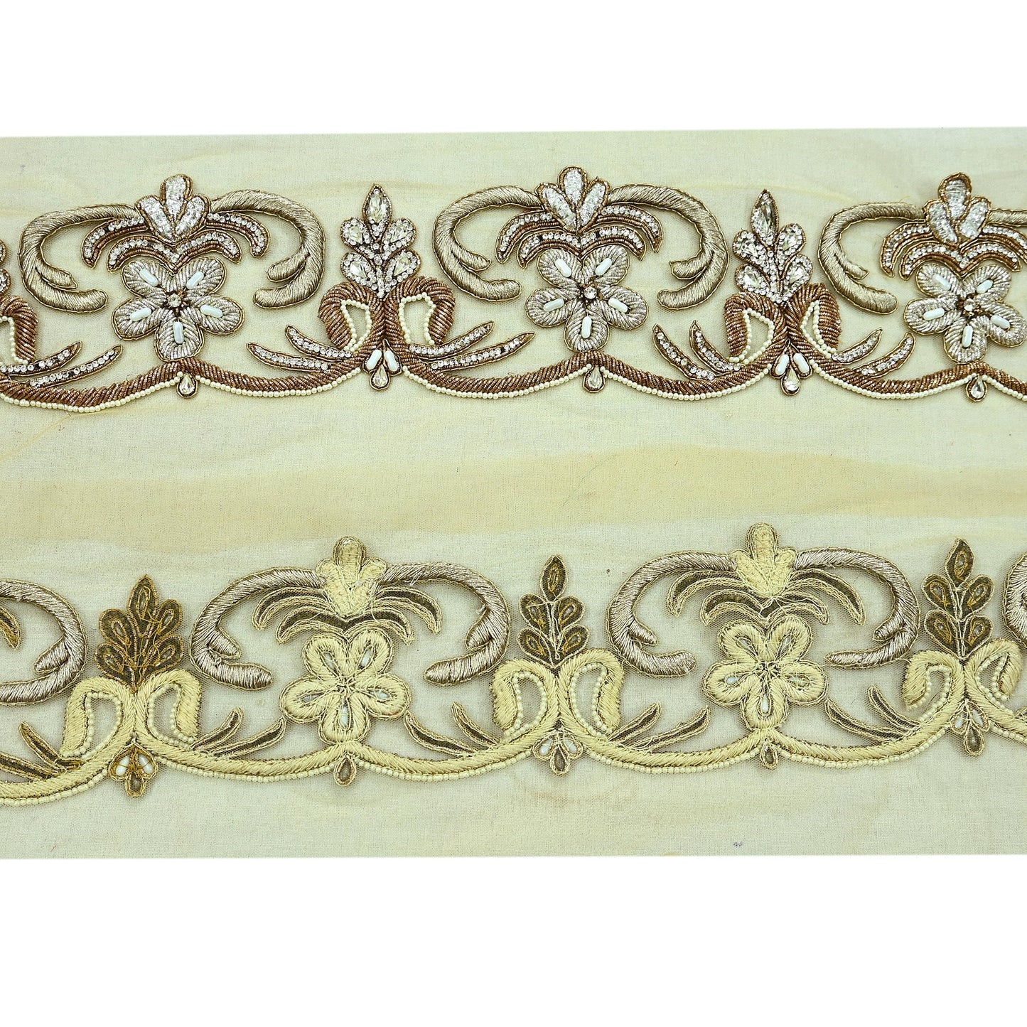 Indian Vintage Beige Sari Border Hand Embroidered 1yd Craft Trim Lace Sewing Net/Mess Ribbon Recycled Sari Border Zardozi/ Dabka Zari