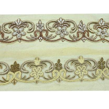Indian Vintage Beige Sari Border Hand Embroidered 1yd Craft Trim Lace Sewing Net/Mess Ribbon Recycled Sari Border Zardozi/ Dabka Zari