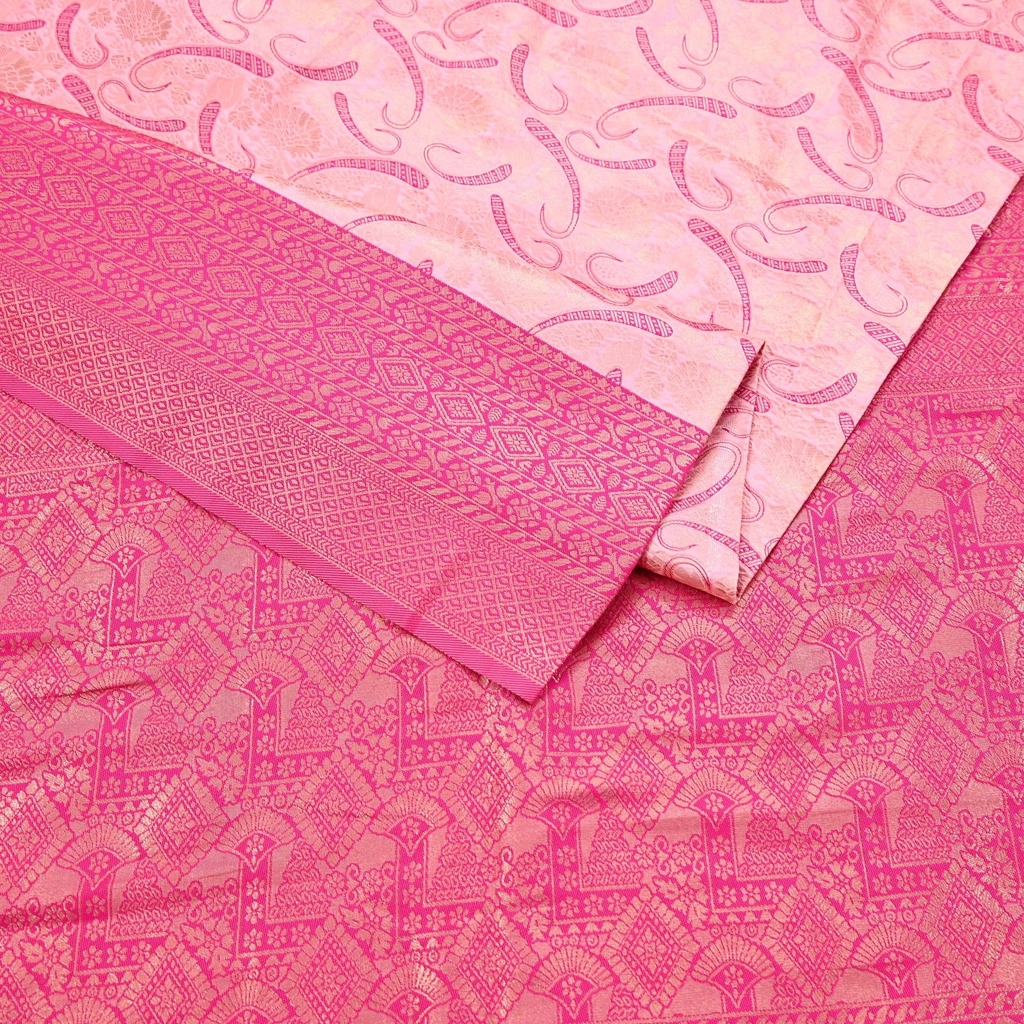 Indian Vintage Pink & Peach Sarees Woven Brocade Sari Craft Fabric 6Yard Sewing Ethnic Golden Zari Paisley Dress making CRafting