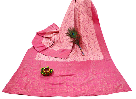Indian Vintage Pink & Peach Sarees Woven Brocade Sari Craft Fabric 6Yard Sewing Ethnic Golden Zari Paisley Dress making CRafting