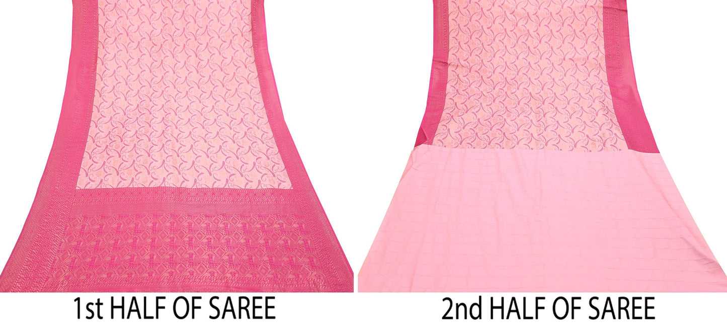 Indian Vintage Pink & Peach Sarees Woven Brocade Sari Craft Fabric 6Yard Sewing Ethnic Golden Zari Paisley Dress making CRafting