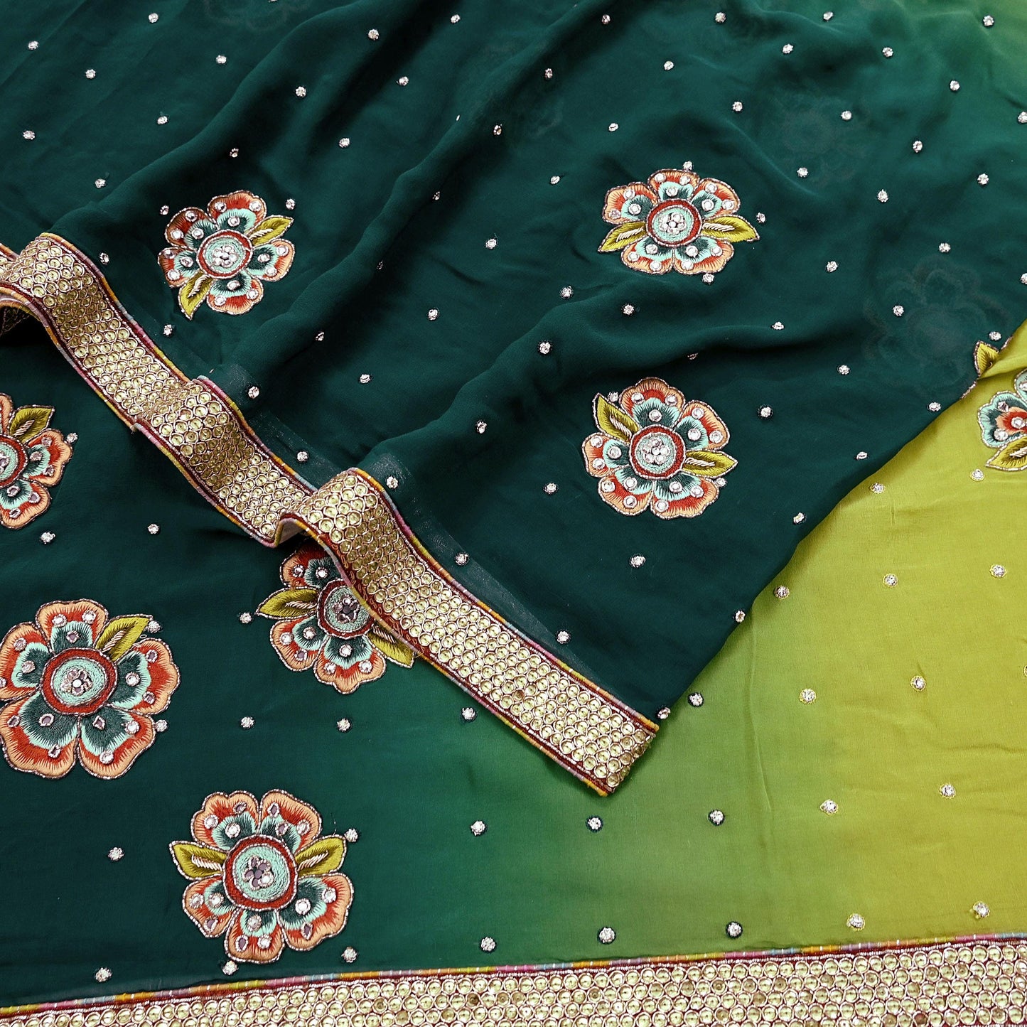 Indian Vintage Heavy Sarees Green & Lemon Pure Georgette Silk Hand Embroidered Sari Fabric 5Yd Sewing Ethnic Zardozi/zari with blouse fabric