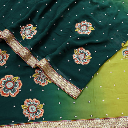 Indian Vintage Heavy Sarees Green & Lemon Pure Georgette Silk Hand Embroidered Sari Fabric 5Yd Sewing Ethnic Zardozi/zari with blouse fabric