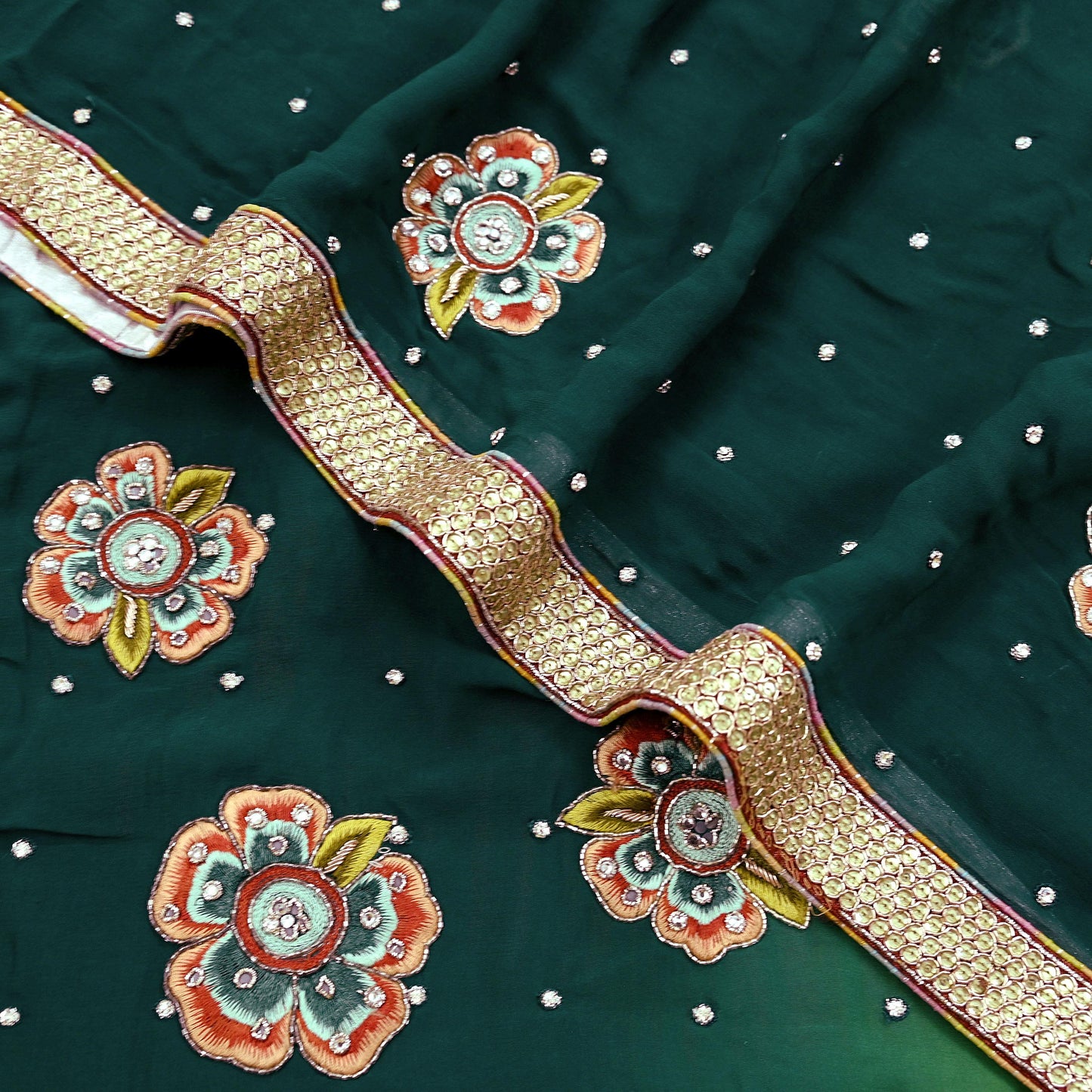 Indian Vintage Heavy Sarees Green & Lemon Pure Georgette Silk Hand Embroidered Sari Fabric 5Yd Sewing Ethnic Zardozi/zari with blouse fabric