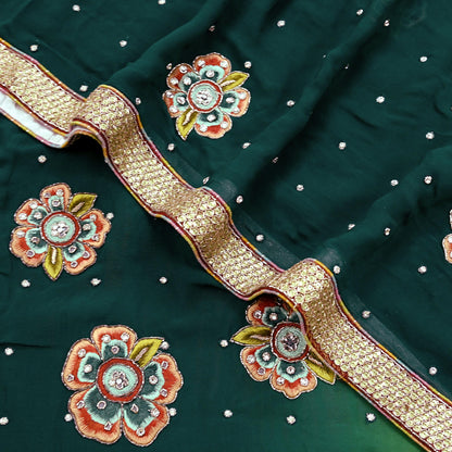 Indian Vintage Heavy Sarees Green & Lemon Pure Georgette Silk Hand Embroidered Sari Fabric 5Yd Sewing Ethnic Zardozi/zari with blouse fabric