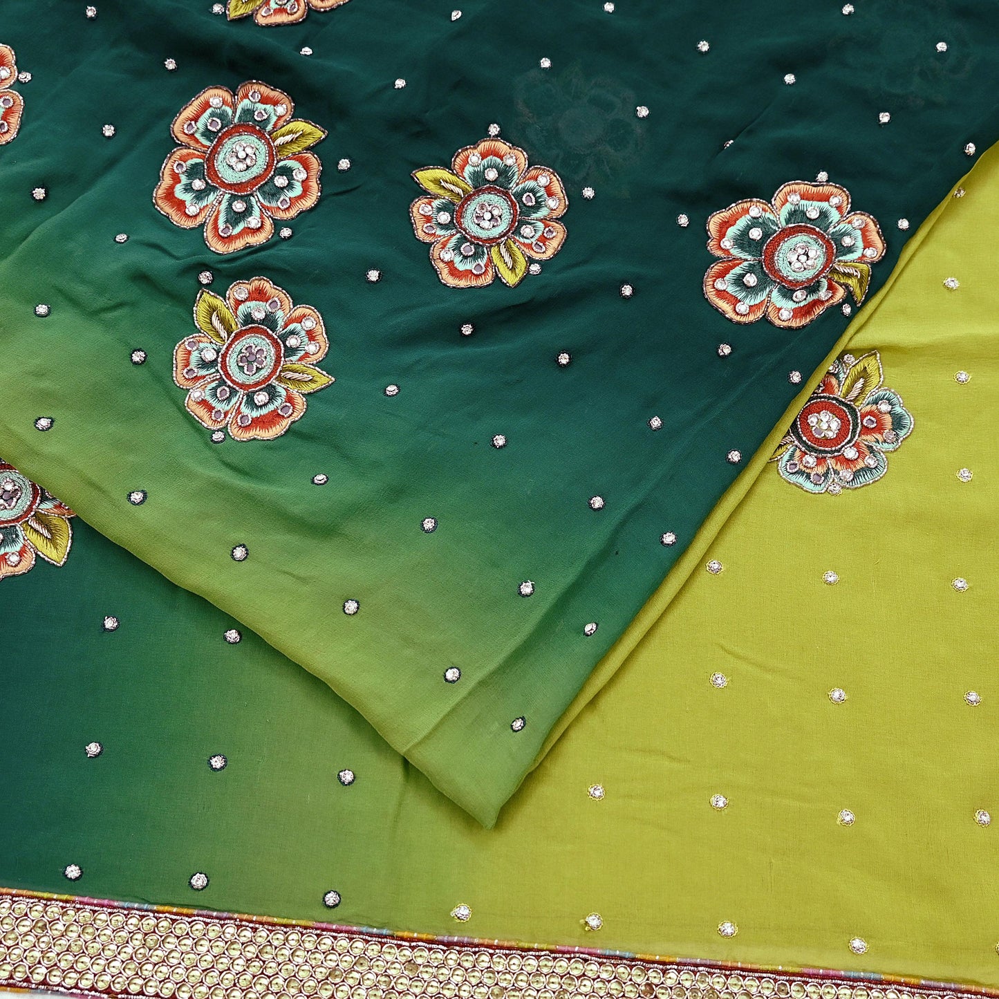 Indian Vintage Heavy Sarees Green & Lemon Pure Georgette Silk Hand Embroidered Sari Fabric 5Yd Sewing Ethnic Zardozi/zari with blouse fabric