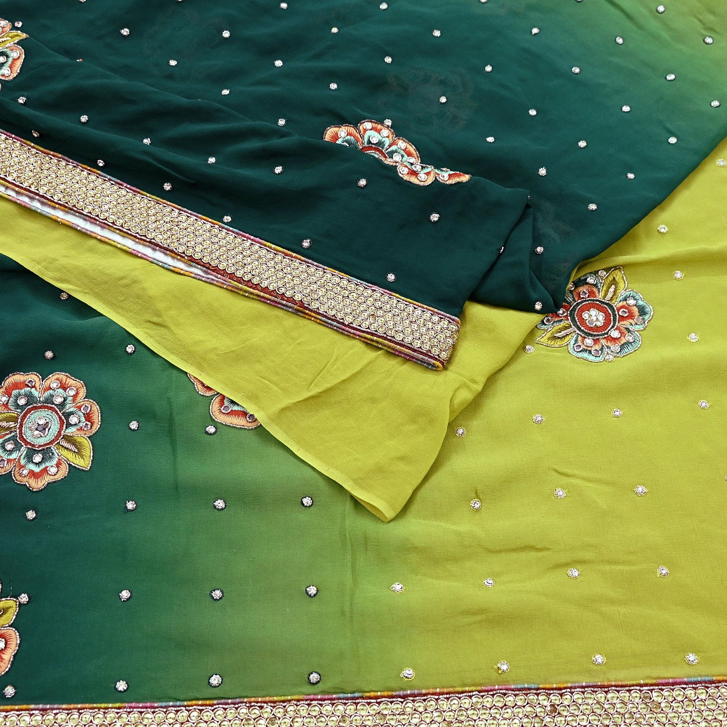Indian Vintage Heavy Sarees Green & Lemon Pure Georgette Silk Hand Embroidered Sari Fabric 5Yd Sewing Ethnic Zardozi/zari with blouse fabric