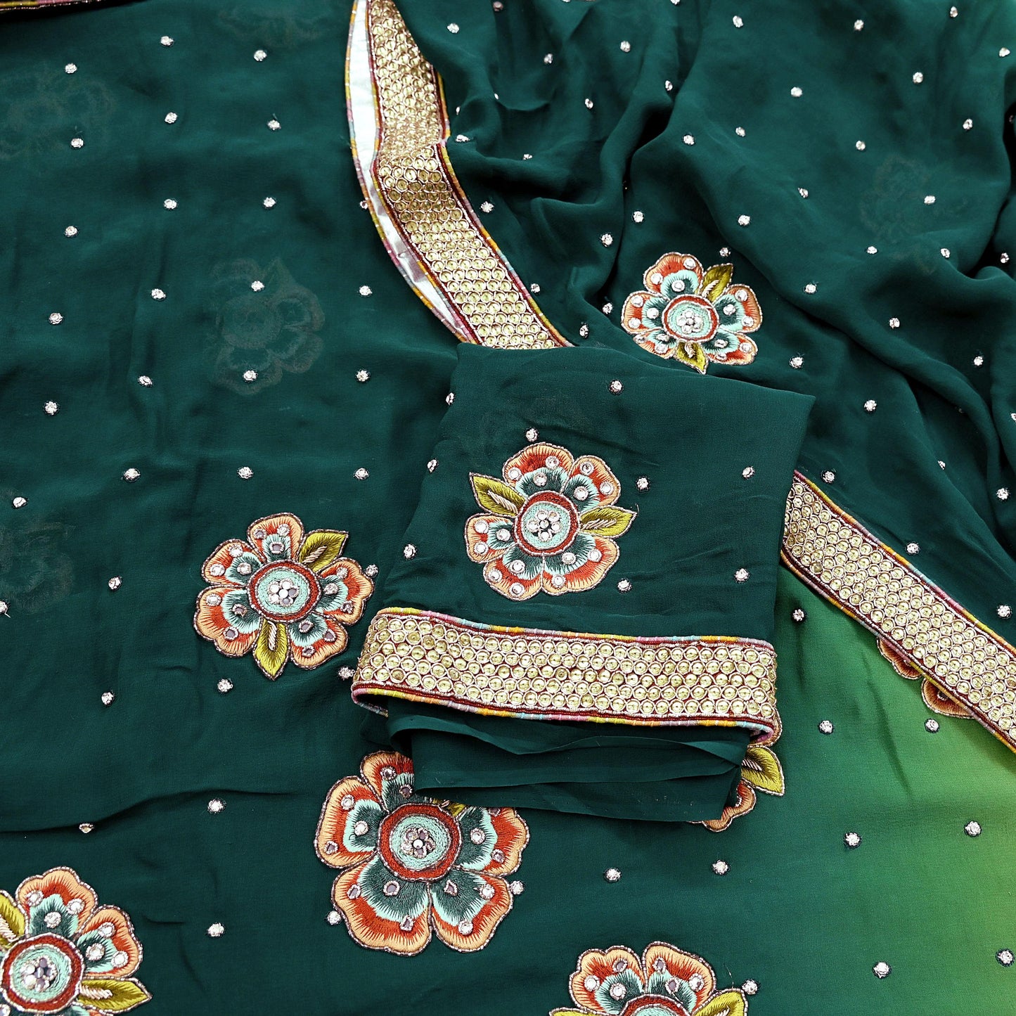 Indian Vintage Heavy Sarees Green & Lemon Pure Georgette Silk Hand Embroidered Sari Fabric 5Yd Sewing Ethnic Zardozi/zari with blouse fabric