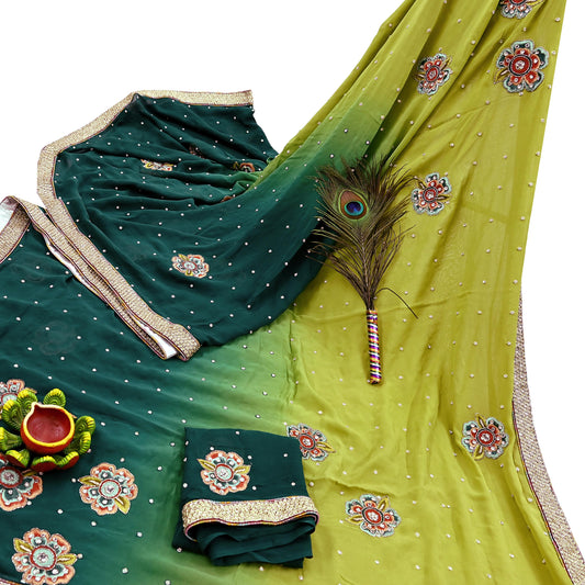 Indian Vintage Heavy Sarees Green & Lemon Pure Georgette Silk Hand Embroidered Sari Fabric 5Yd Sewing Ethnic Zardozi/zari with blouse fabric