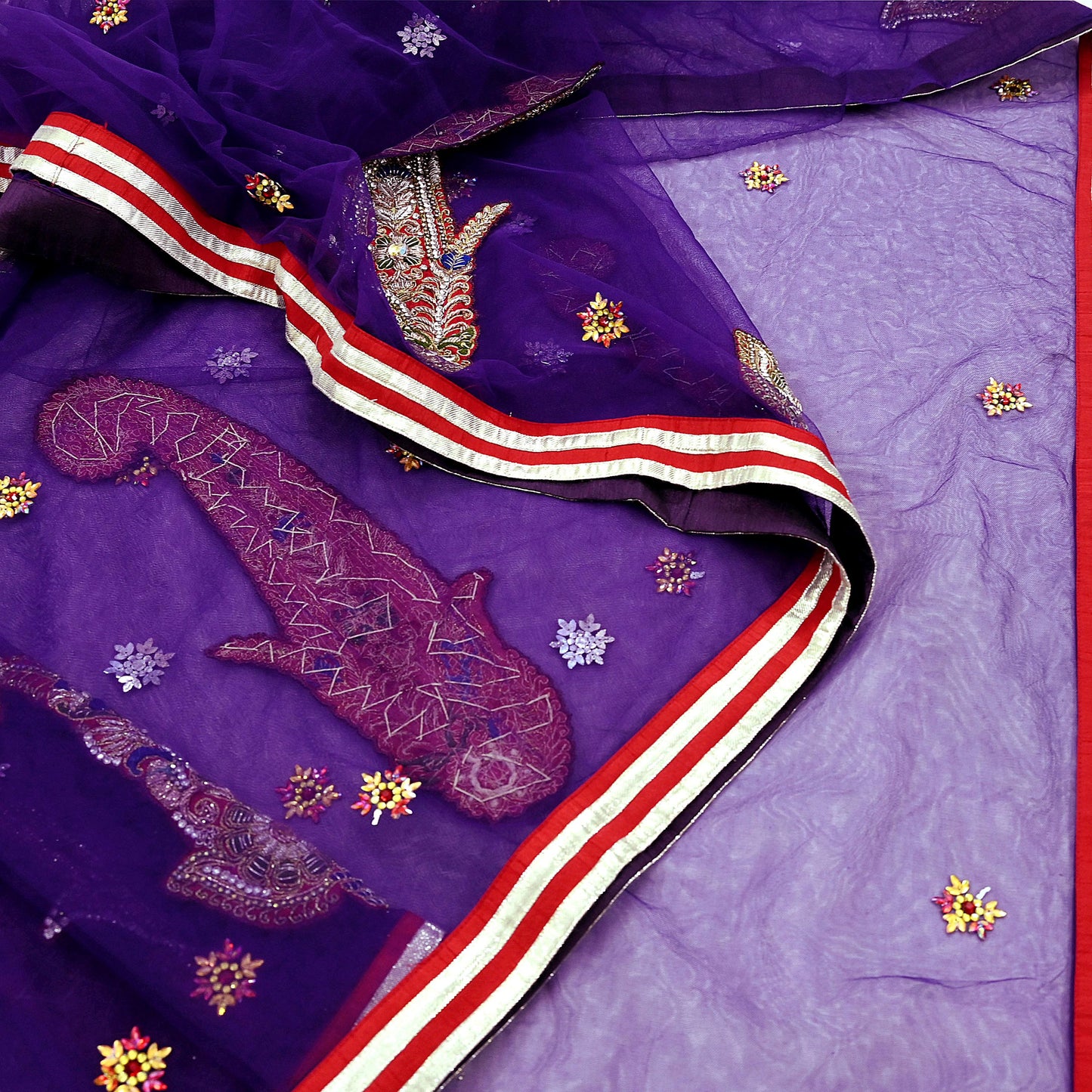 Indian Vintage Heavy Sari Purple Net/Mesh Hand Embroidered Sarees Craft Fabric 6Yd Sewing Soft Zardozi Wedding sarees With Blouse fabric