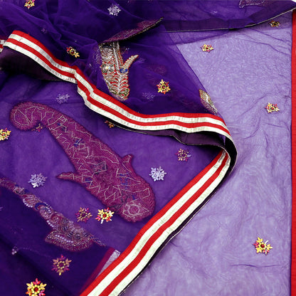 Indian Vintage Heavy Sari Purple Net/Mesh Hand Embroidered Sarees Craft Fabric 6Yd Sewing Soft Zardozi Wedding sarees With Blouse fabric