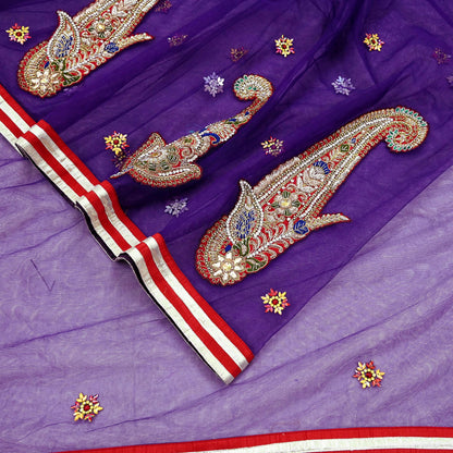 Indian Vintage Heavy Sari Purple Net/Mesh Hand Embroidered Sarees Craft Fabric 6Yd Sewing Soft Zardozi Wedding sarees With Blouse fabric
