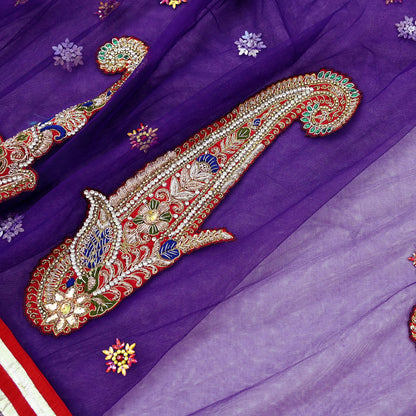 Indian Vintage Heavy Sari Purple Net/Mesh Hand Embroidered Sarees Craft Fabric 6Yd Sewing Soft Zardozi Wedding sarees With Blouse fabric