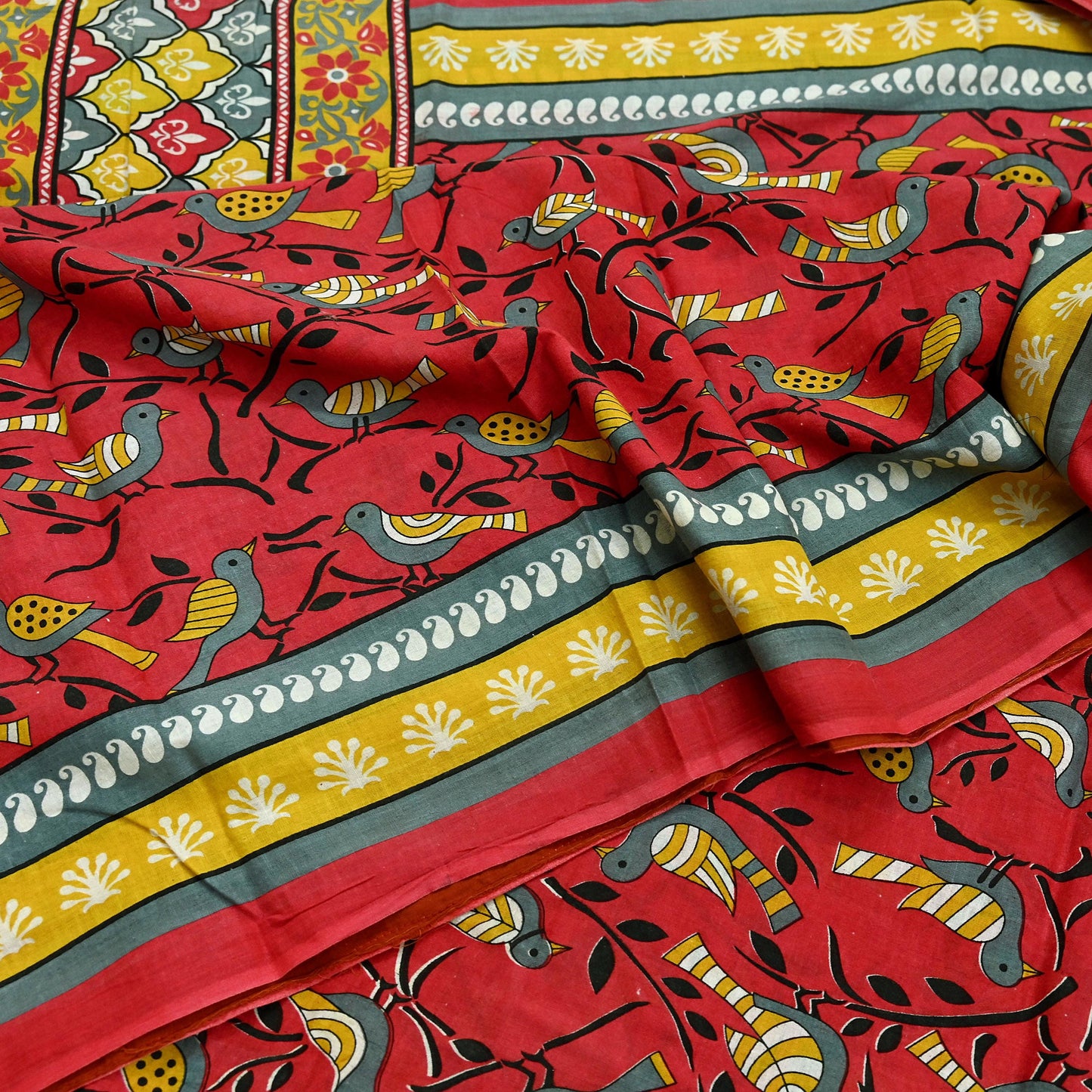 Indian Vintage Red & Mustard Saree Printed 100% Pure Cotton Sari Craft Fabric 5Yd Soft Sewing Sarong Wrap Dress Making Quilting Crafting