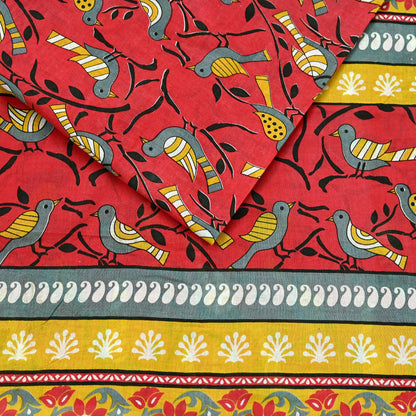 Indian Vintage Red & Mustard Saree Printed 100% Pure Cotton Sari Craft Fabric 5Yd Soft Sewing Sarong Wrap Dress Making Quilting Crafting