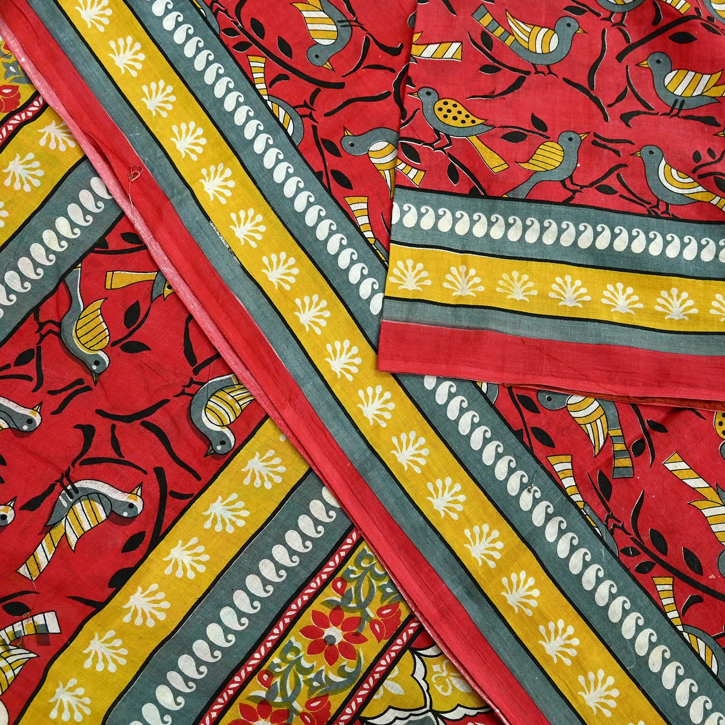 Indian Vintage Red & Mustard Saree Printed 100% Pure Cotton Sari Craft Fabric 5Yd Soft Sewing Sarong Wrap Dress Making Quilting Crafting
