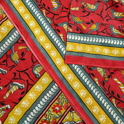 Indian Vintage Red & Mustard Saree Printed 100% Pure Cotton Sari Craft Fabric 5Yd Soft Sewing Sarong Wrap Dress Making Quilting Crafting