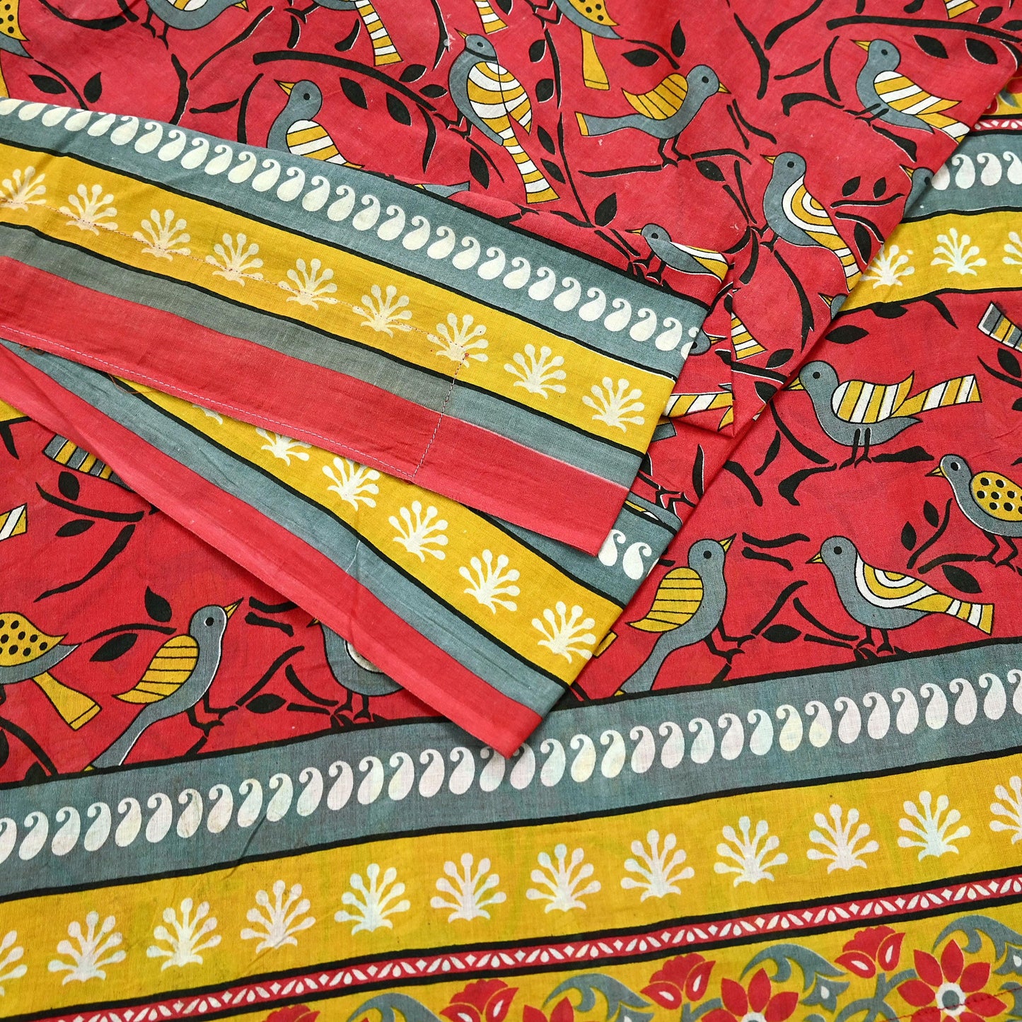 Indian Vintage Red & Mustard Saree Printed 100% Pure Cotton Sari Craft Fabric 5Yd Soft Sewing Sarong Wrap Dress Making Quilting Crafting