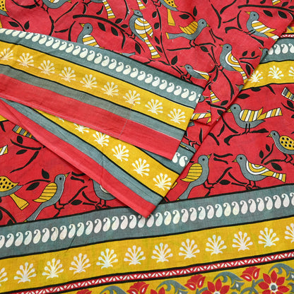 Indian Vintage Red & Mustard Saree Printed 100% Pure Cotton Sari Craft Fabric 5Yd Soft Sewing Sarong Wrap Dress Making Quilting Crafting
