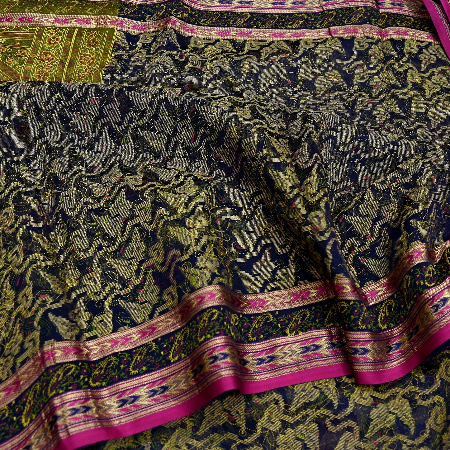Indian Vintage Sari Blue & Green Pure Silk Hand Painted Woven Zari Saree 5yd Dress Designing for Crafting Quilting Upcycle Bolywood sari