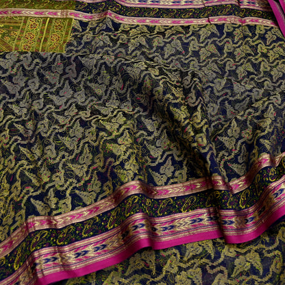 Indian Vintage Sari Blue & Green Pure Silk Hand Painted Woven Zari Saree 5yd Dress Designing for Crafting Quilting Upcycle Bolywood sari