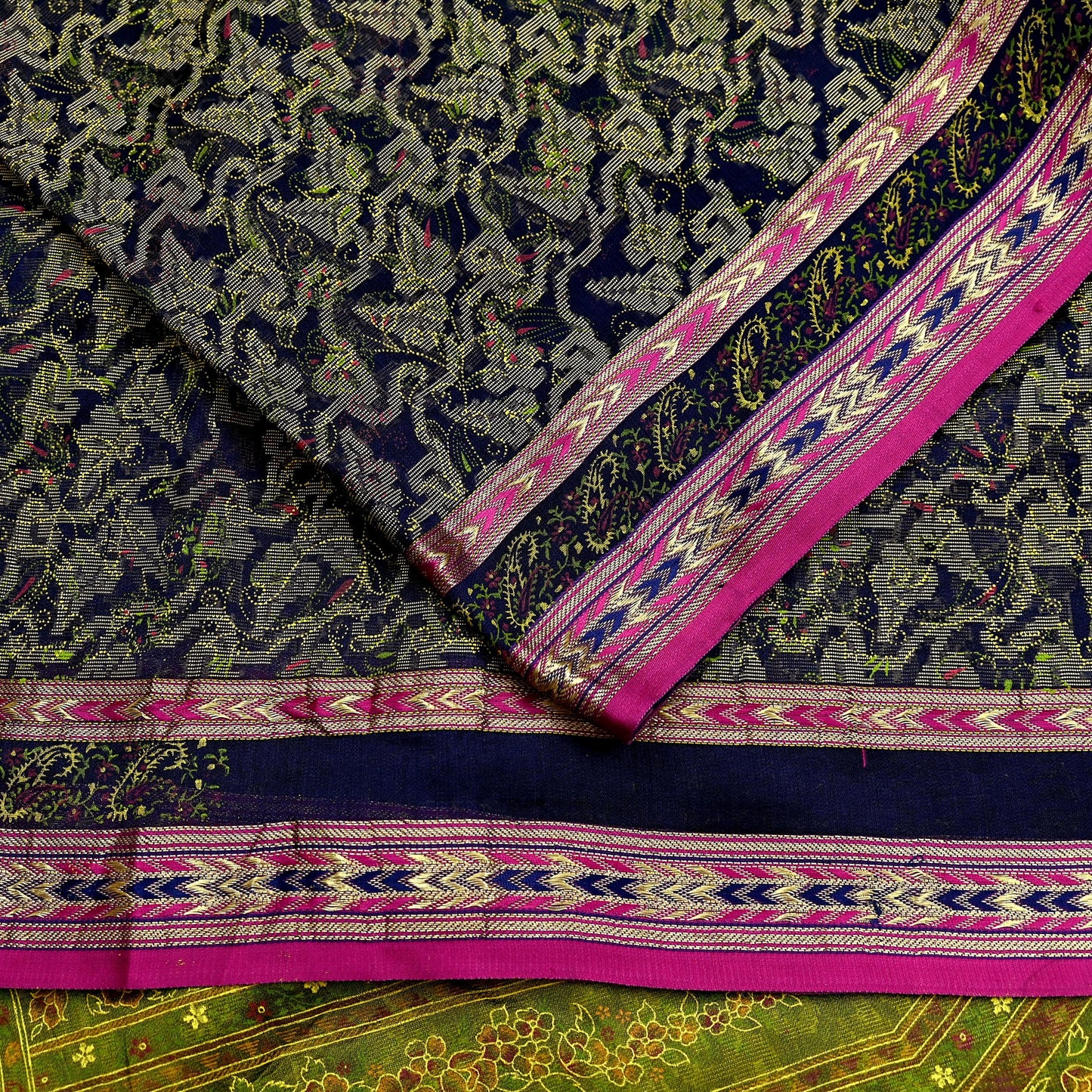 Indian Vintage Sari Blue & Green Pure Silk Hand Painted Woven Zari Saree 5yd Dress Designing for Crafting Quilting Upcycle Bolywood sari