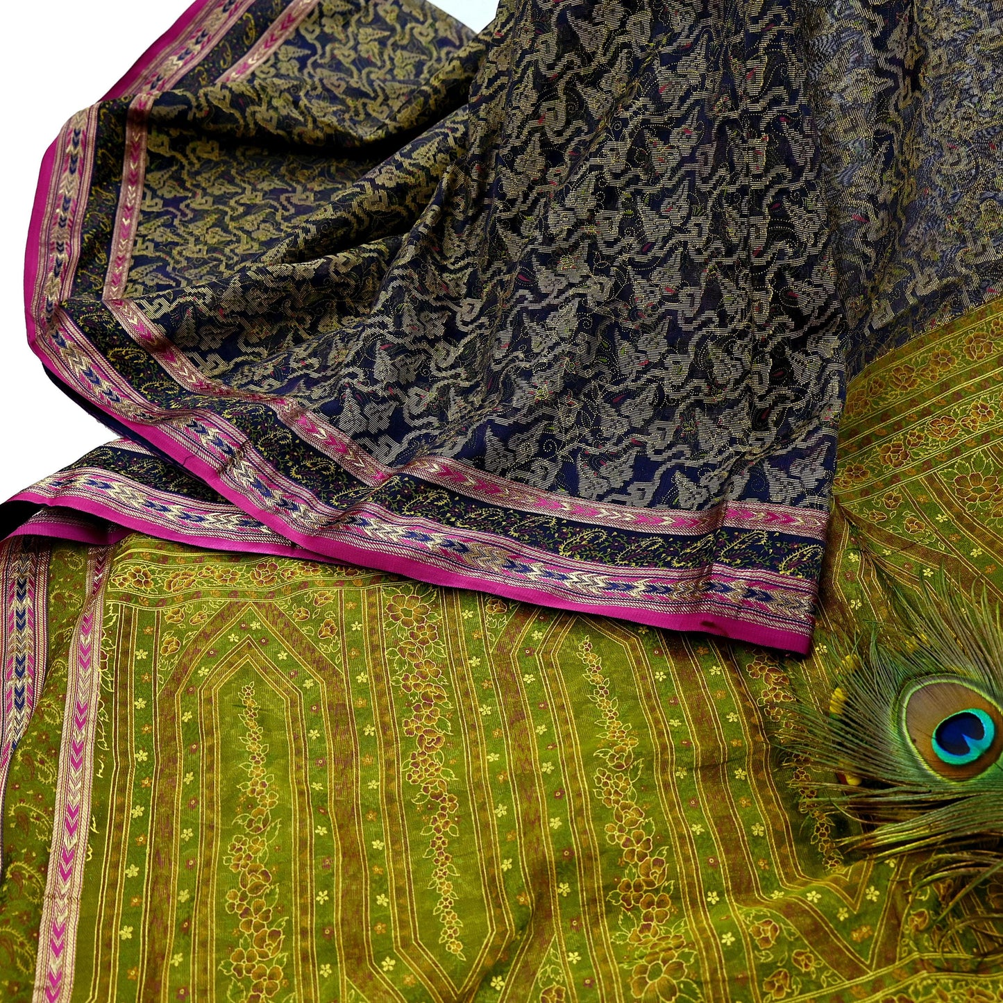 Indian Vintage Sari Blue & Green Pure Silk Hand Painted Woven Zari Saree 5yd Dress Designing for Crafting Quilting Upcycle Bolywood sari
