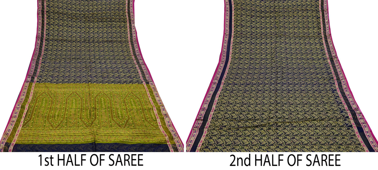 Indian Vintage Sari Blue & Green Pure Silk Hand Painted Woven Zari Saree 5yd Dress Designing for Crafting Quilting Upcycle Bolywood sari
