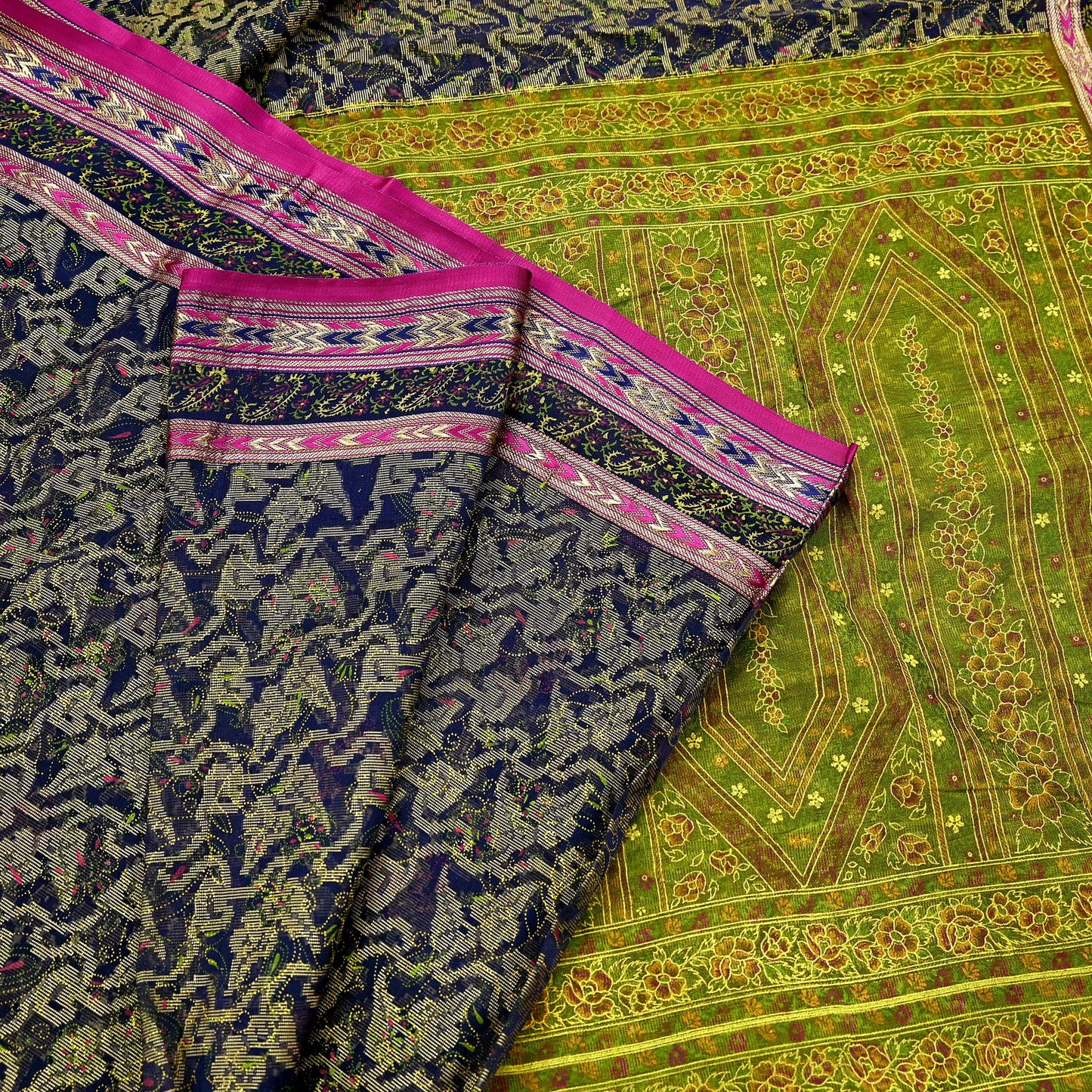 Indian Vintage Sari Blue & Green Pure Silk Hand Painted Woven Zari Saree 5yd Dress Designing for Crafting Quilting Upcycle Bolywood sari