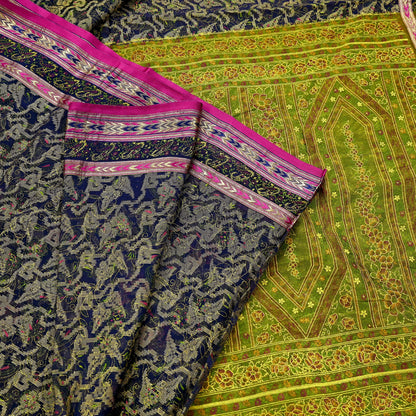 Indian Vintage Sari Blue & Green Pure Silk Hand Painted Woven Zari Saree 5yd Dress Designing for Crafting Quilting Upcycle Bolywood sari