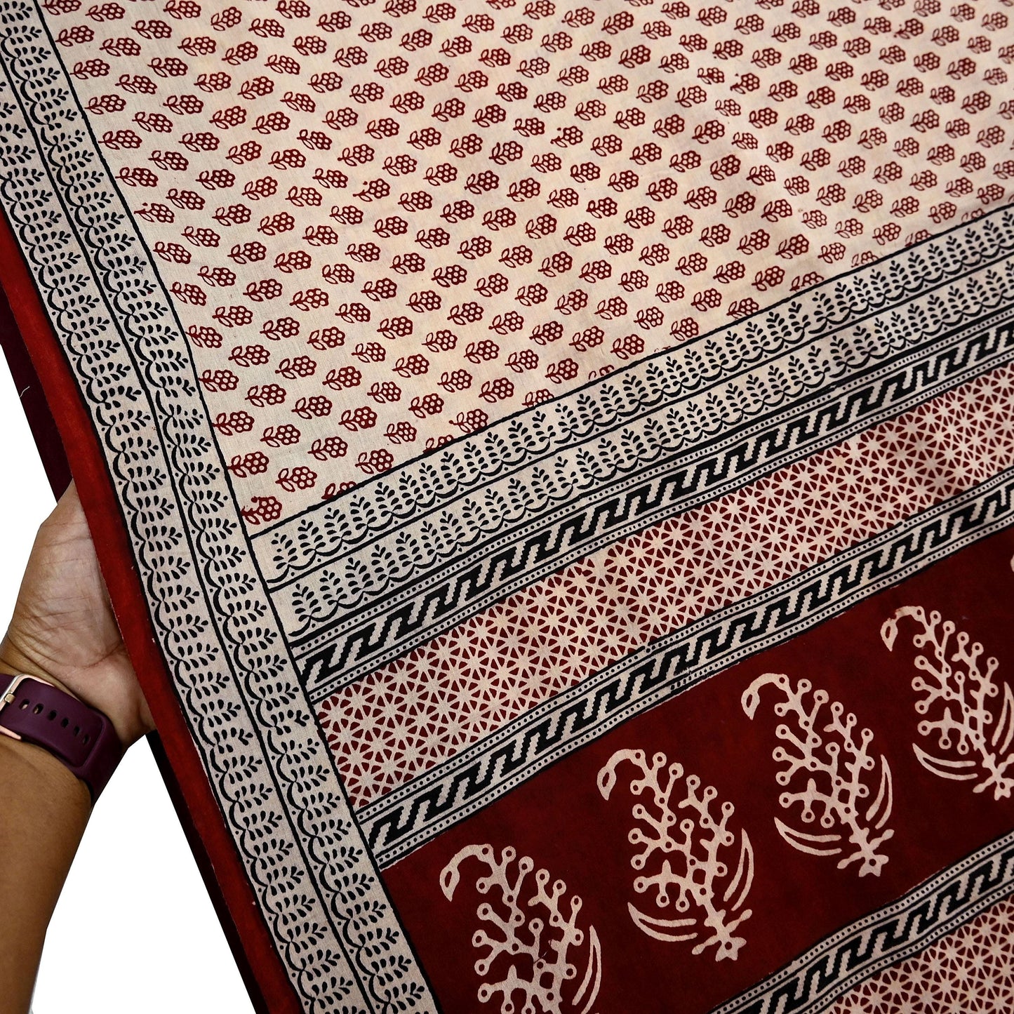 Indian Vintage Sari Beige Block Printed Pure Cotton Saree Craft Fabric 5Yd Sewing Sarong Wrap Boho Floral Crafting Upcycle Quilting
