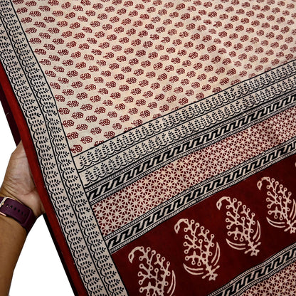 Indian Vintage Sari Beige Block Printed Pure Cotton Saree Craft Fabric 5Yd Sewing Sarong Wrap Boho Floral Crafting Upcycle Quilting