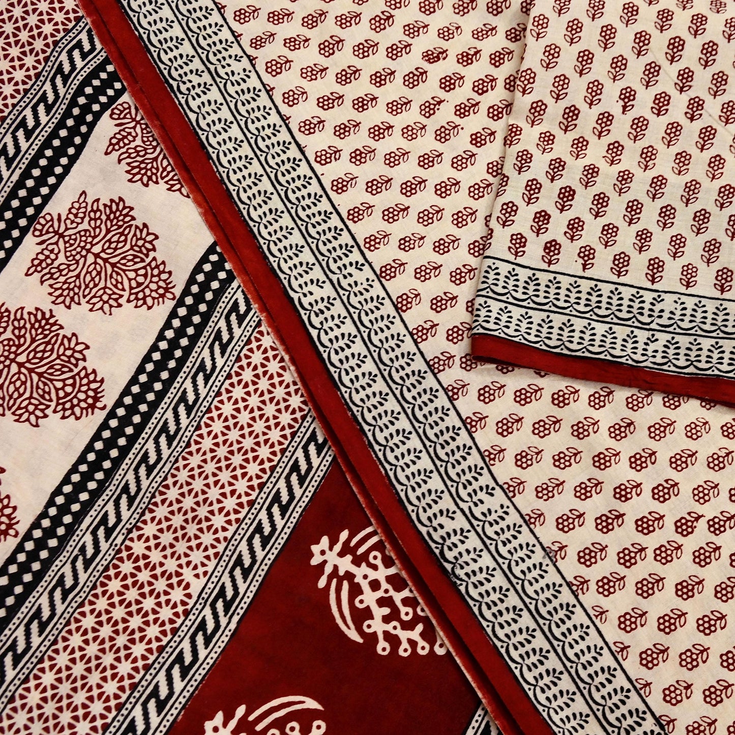 Indian Vintage Sari Beige Block Printed Pure Cotton Saree Craft Fabric 5Yd Sewing Sarong Wrap Boho Floral Crafting Upcycle Quilting