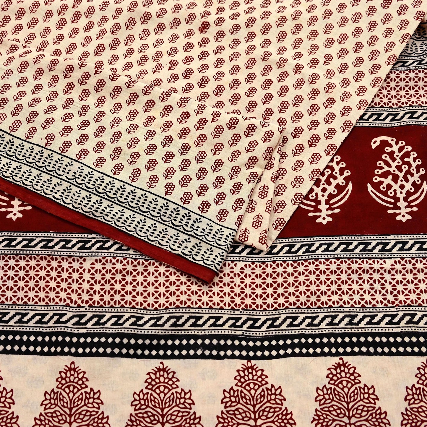 Indian Vintage Sari Beige Block Printed Pure Cotton Saree Craft Fabric 5Yd Sewing Sarong Wrap Boho Floral Crafting Upcycle Quilting